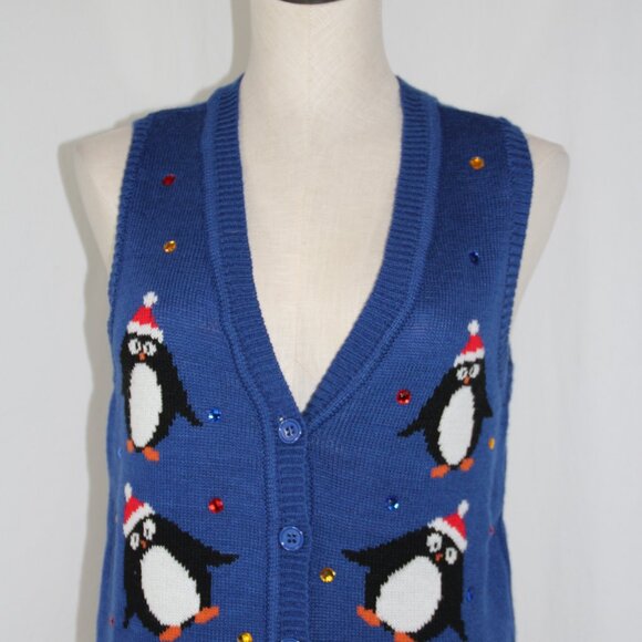 Holiday Christmas Sweater Penguins Vest Blue Acrylic Button Down Size S w/ Gems - Picture 3 of 7